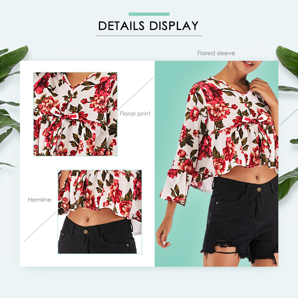 Flared Sleeve Floral Chiffon Shirt with Small V Neck Short Top for Women