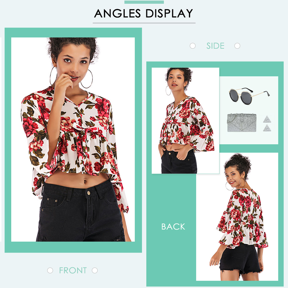 Flared Sleeve Floral Chiffon Shirt with Small V Neck Short Top for Women