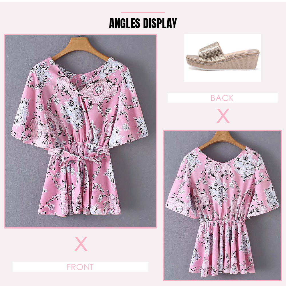 V Neck Waist Belt Floral Print Bat Sleeve Women Shirt