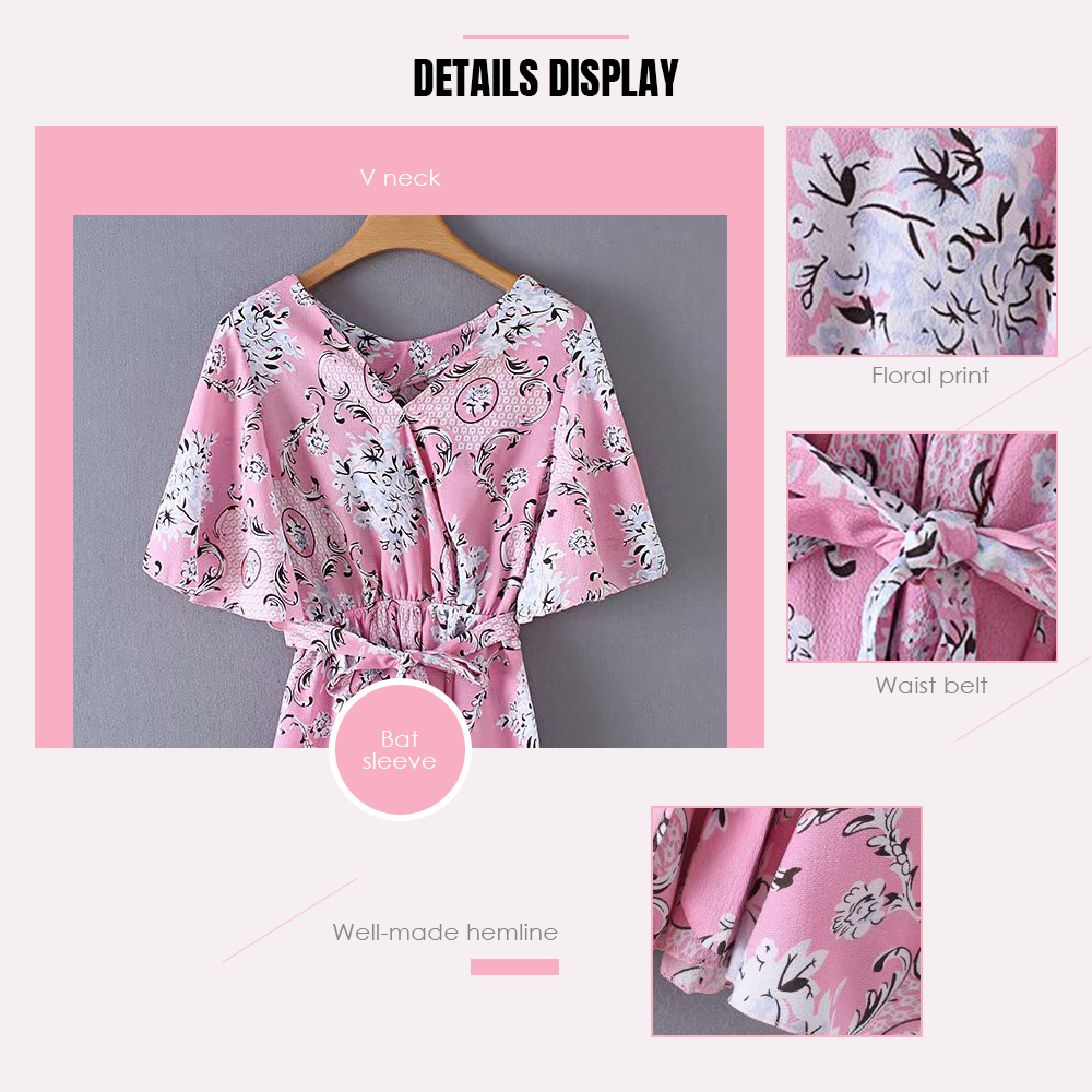 V Neck Waist Belt Floral Print Bat Sleeve Women Shirt