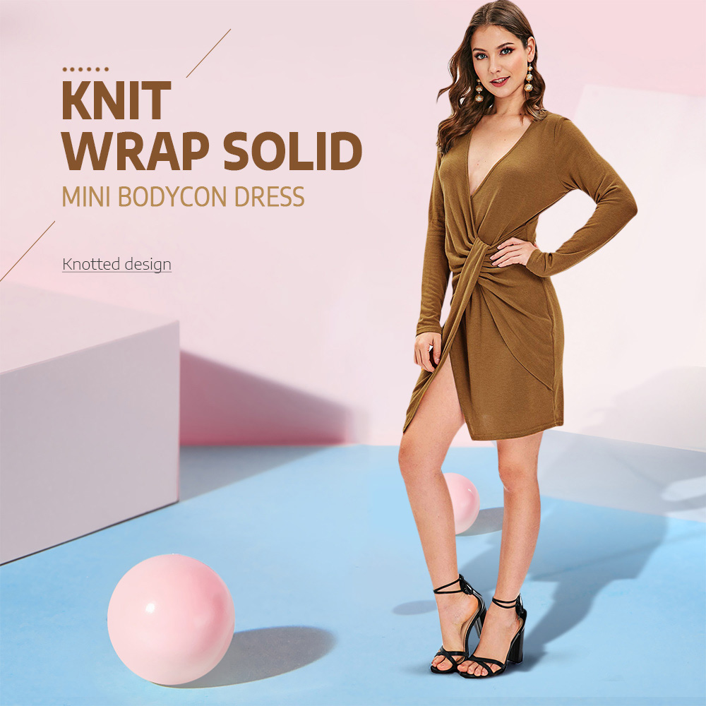 Knit Wrap Long Sleeve Bodycon Dress