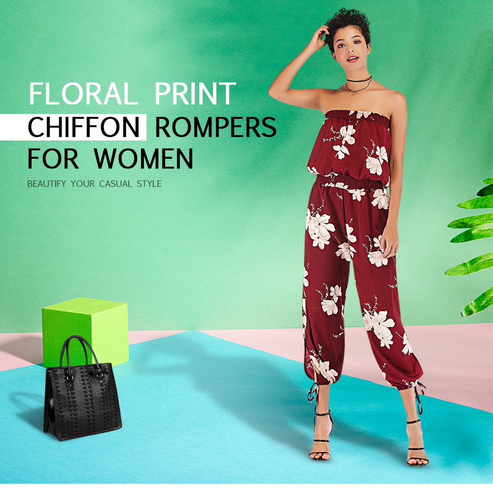 Off The Shoulder Backless Floral Print Chiffon Rompers for Women