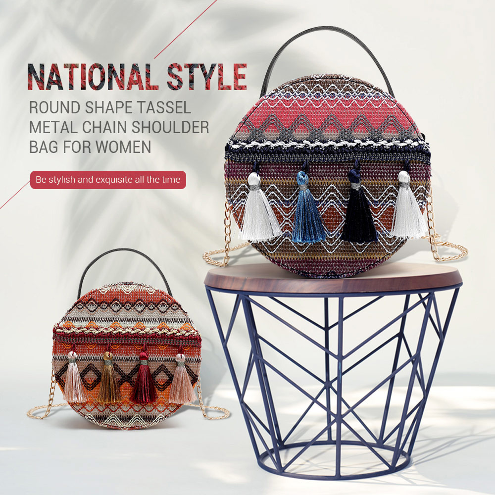 Guapabien National Style Round Shape Tassel Metal Chain Shoulder Bag for Women