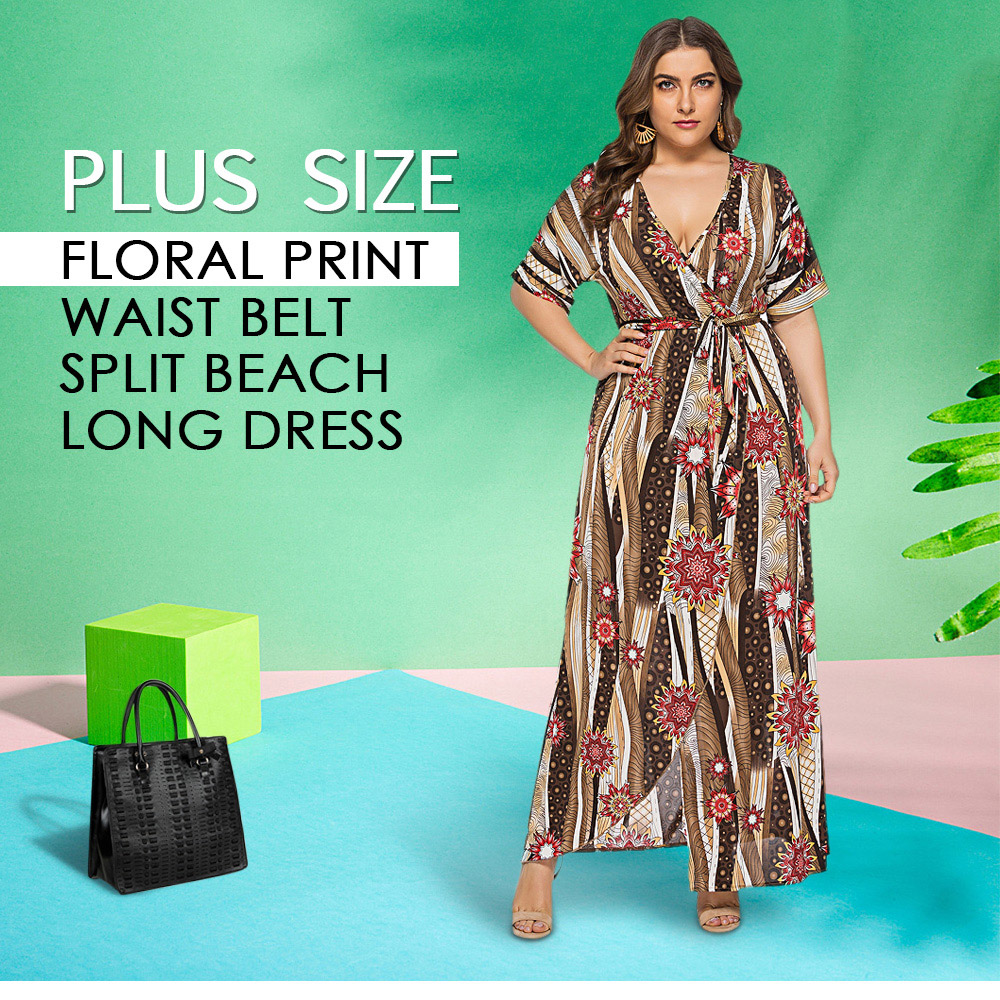 ZEZCLO Plus Size V Neck Floral Print Waist Strap Split Women Beach Long Dress