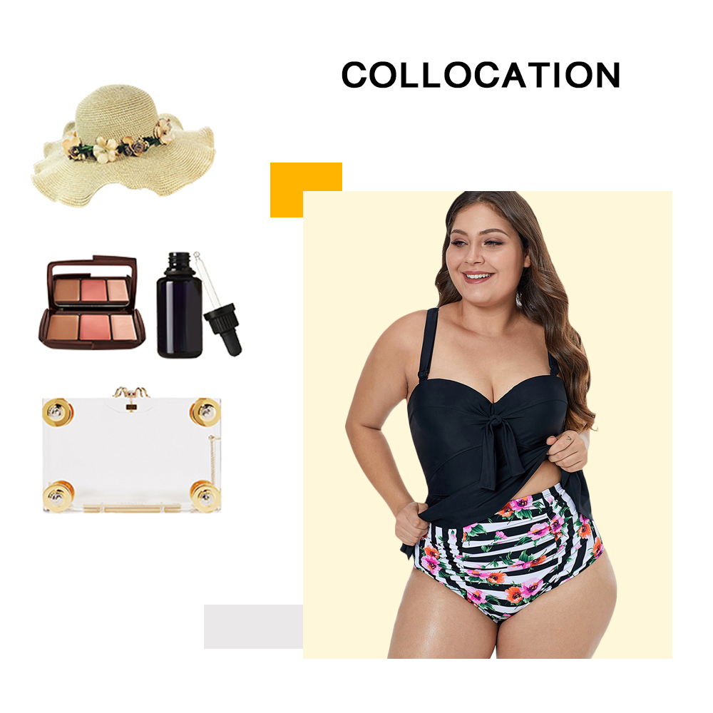 Plus Size Bowknot Detail Floral Print Tankini Set