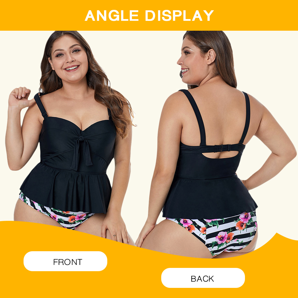 Plus Size Bowknot Detail Floral Print Tankini Set