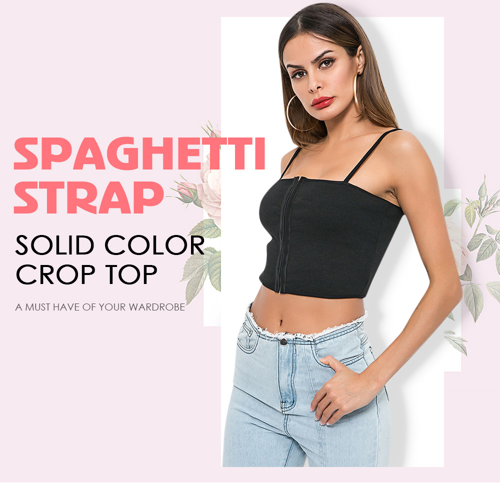 Spaghetti Strap Backless Solid Color Ribbed Hooks Women Crop Top