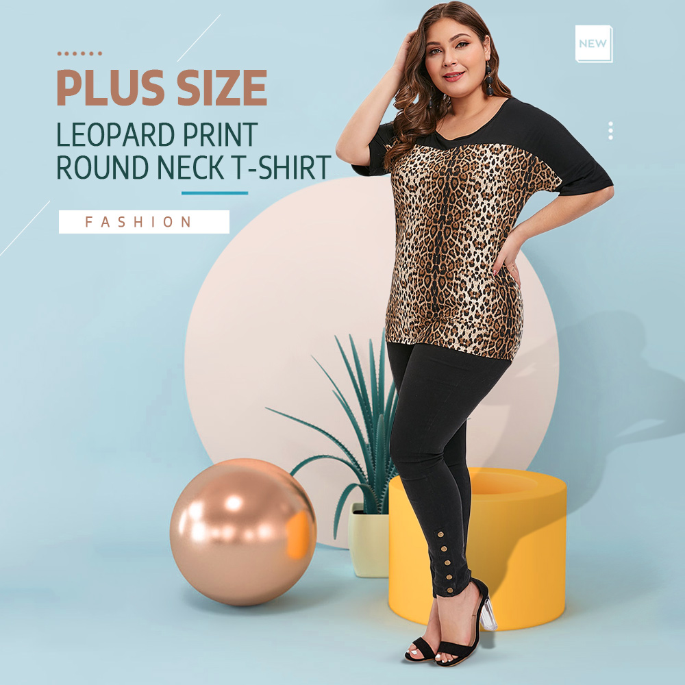 Plus Size Leopard Print Round Neck T-shirt