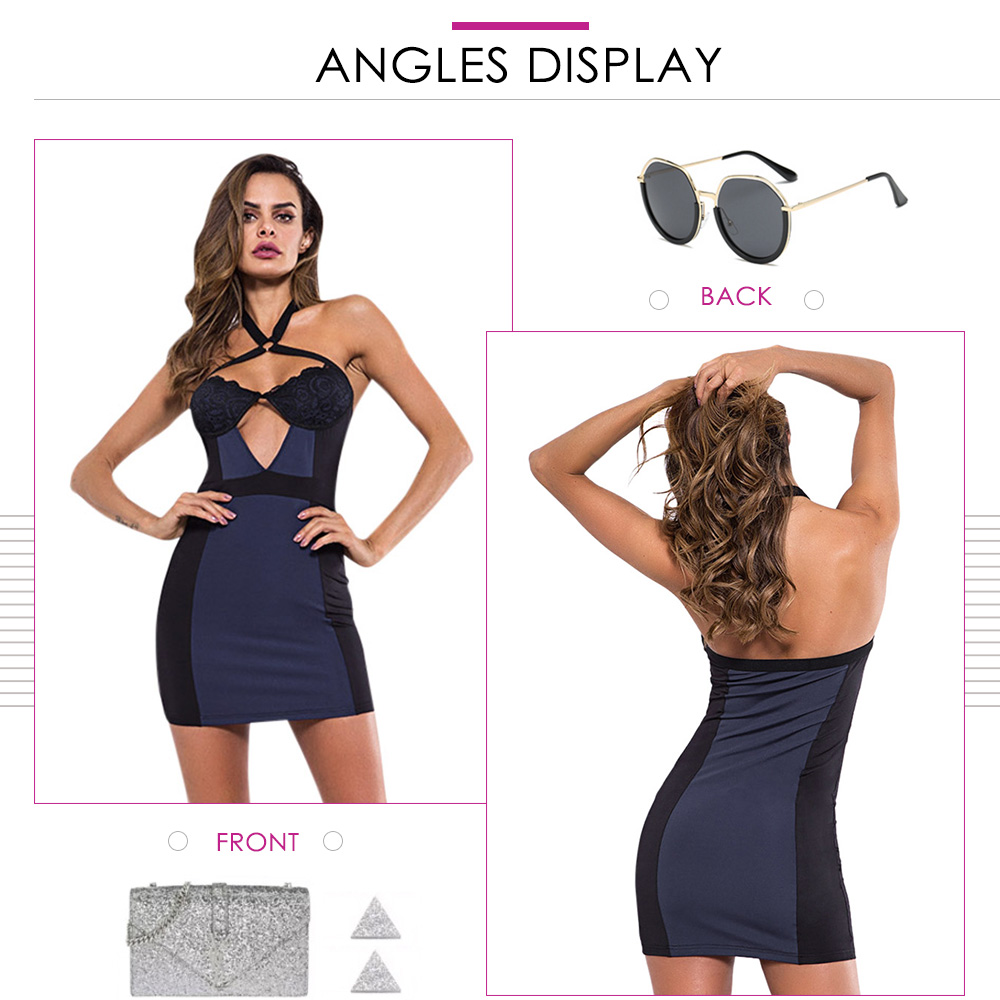 Halter Neck Cut Out Backless Spliced Lace Color Blocking Bodycon Women Mini Dress