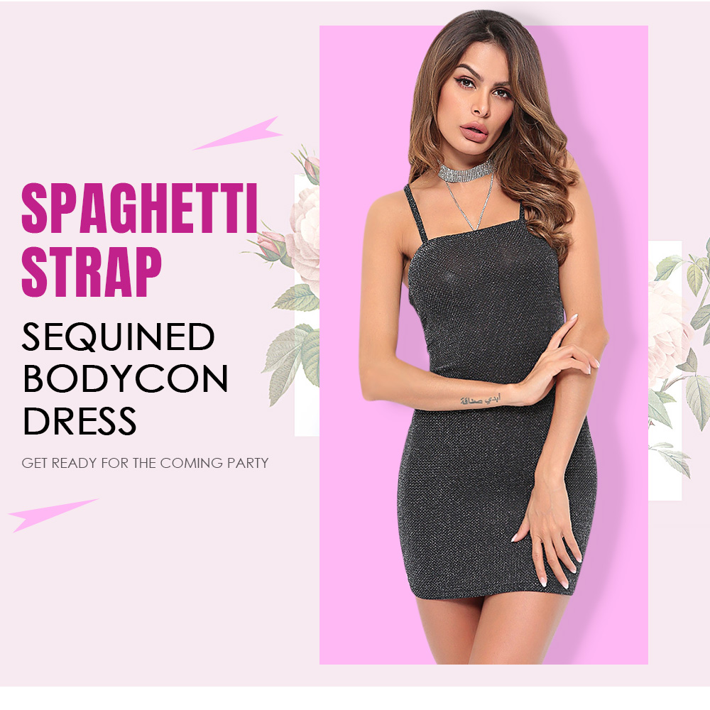 Spaghetti Strap Backless Sequined Bodycon Women Slip Mini Dress