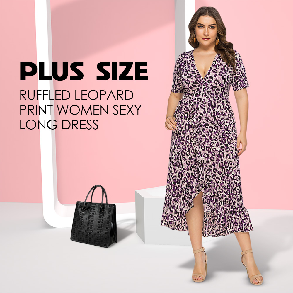 ZEZCLO Plus Size V Neck Ruffled Leopard Print Women Sexy Long Dress