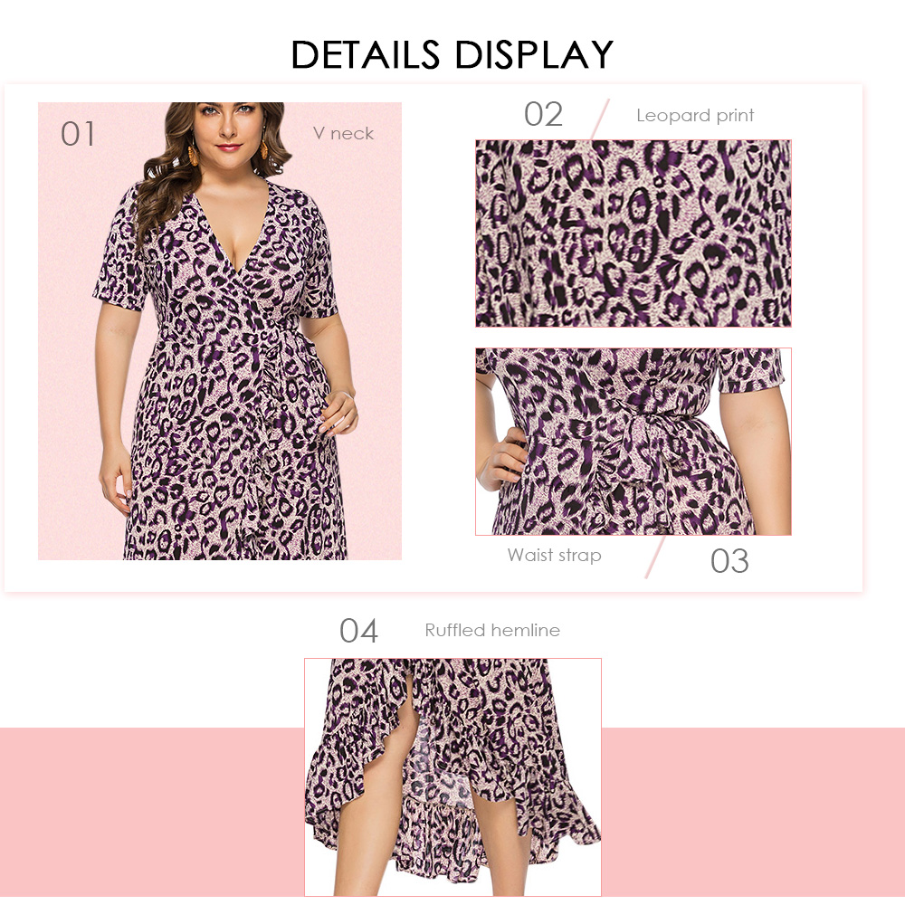 ZEZCLO Plus Size V Neck Ruffled Leopard Print Women Sexy Long Dress