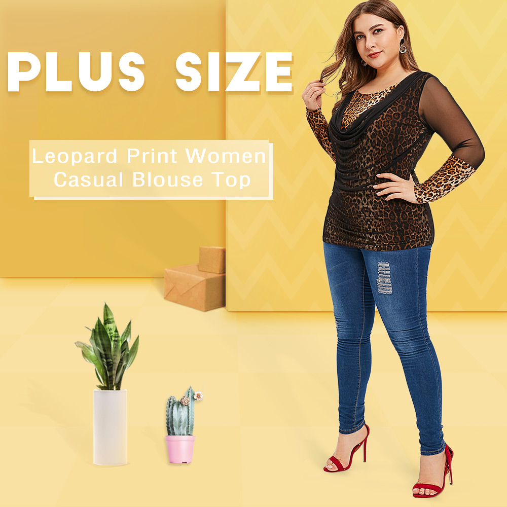 Plus Size Mesh Сover leopard Print Draped T-shirt