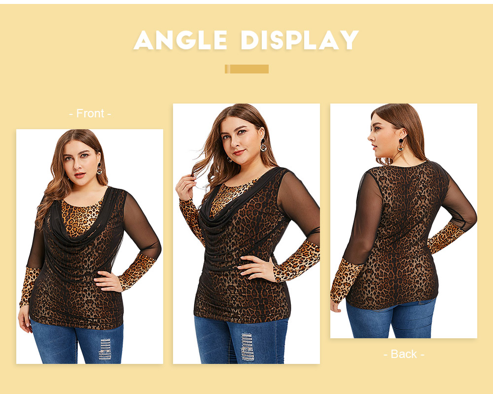 Plus Size Mesh Сover leopard Print Draped T-shirt