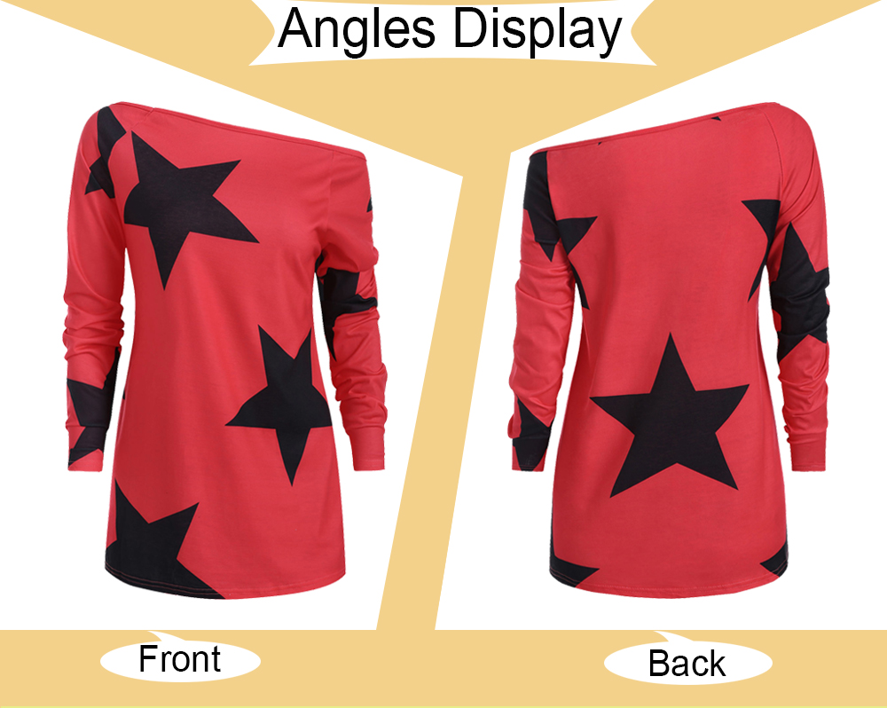 Skew Neck Stars Print T-shirt