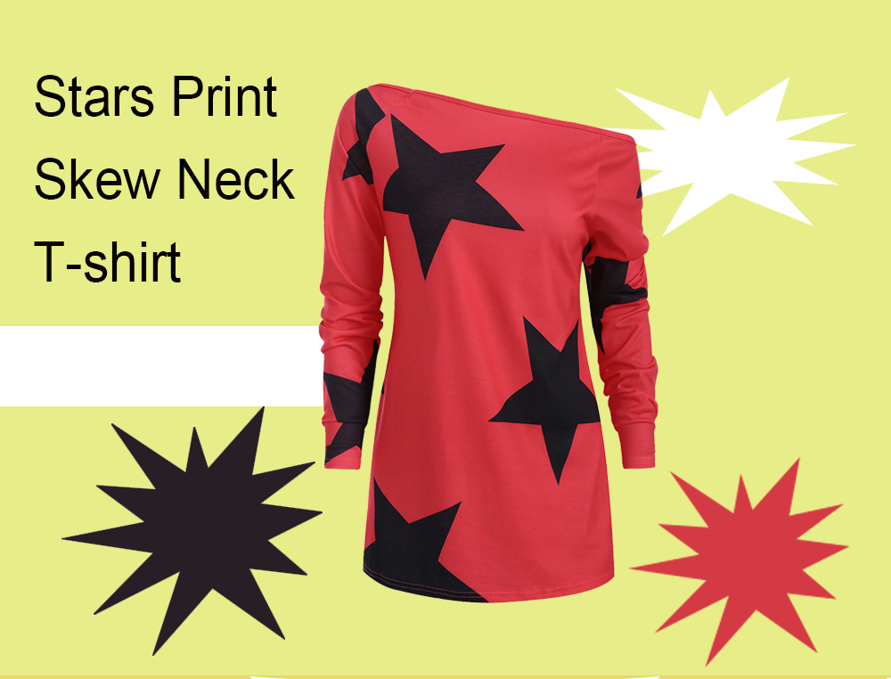 Skew Neck Stars Print T-shirt