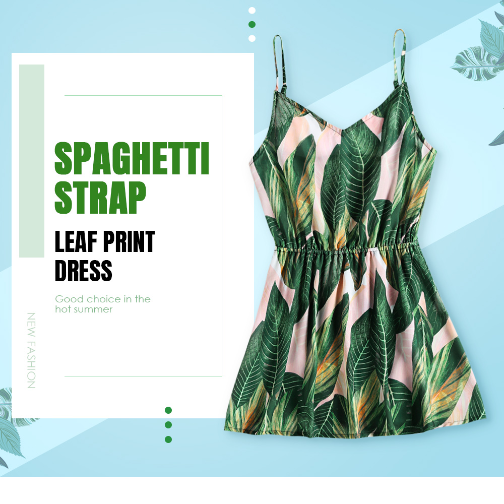 Spaghetti Strap Backless Leaf Print Elastic Waist Women Slip Dress