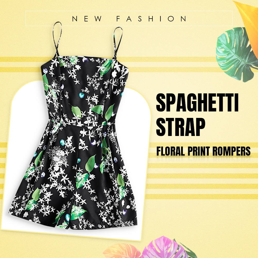 Spaghetti Strap Backless Floral Print Pocket Shirring Playsuit Women Rompers