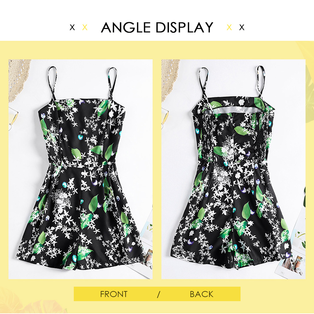 Spaghetti Strap Backless Floral Print Pocket Shirring Playsuit Women Rompers