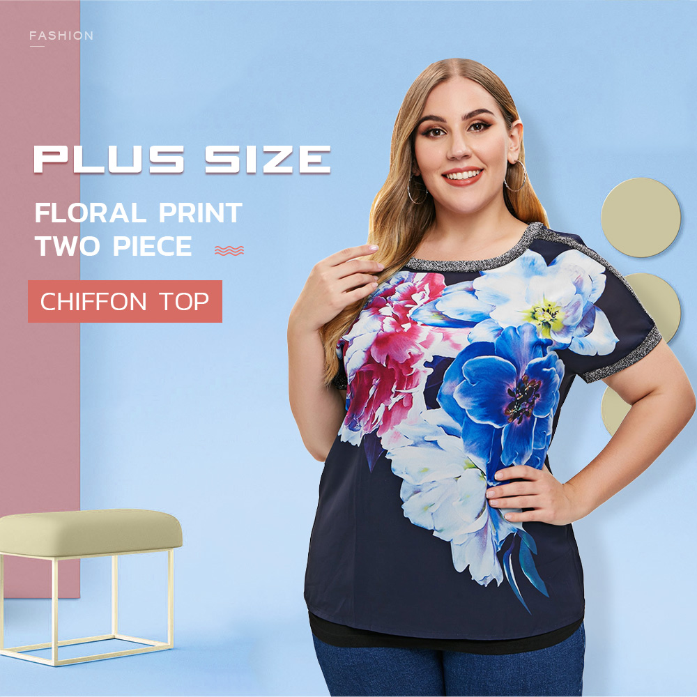 Plus Size Floral Print Two Piece Chiffon Top