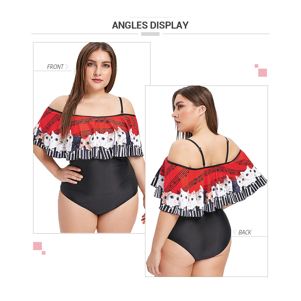 Cold Shoulder Cat Pattern Plus Size Swimwear