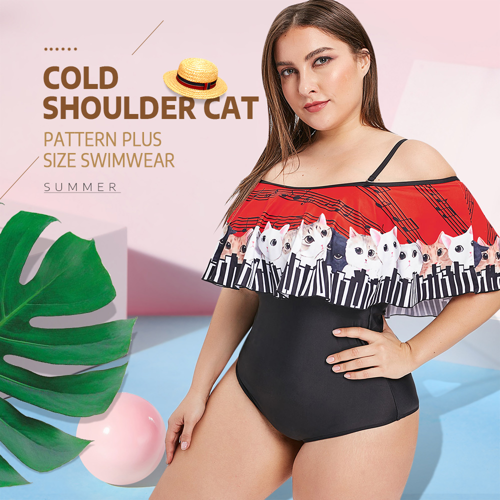Cold Shoulder Cat Pattern Plus Size Swimwear
