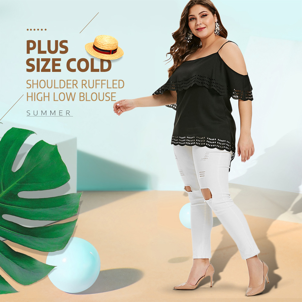 Plus Size Cold Shoulder Ruffled High Low Blouse