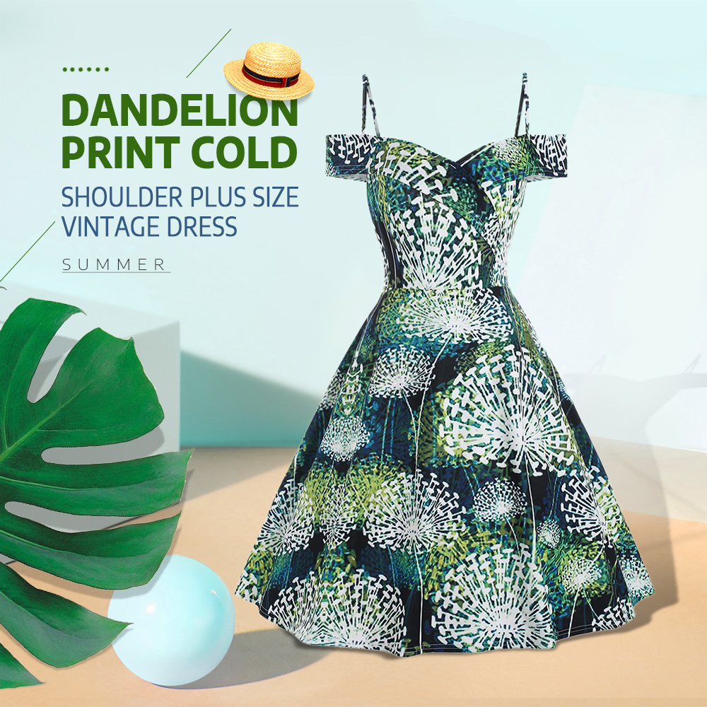 Dandelion Print Cold Shoulder Plus Size A Line Dress