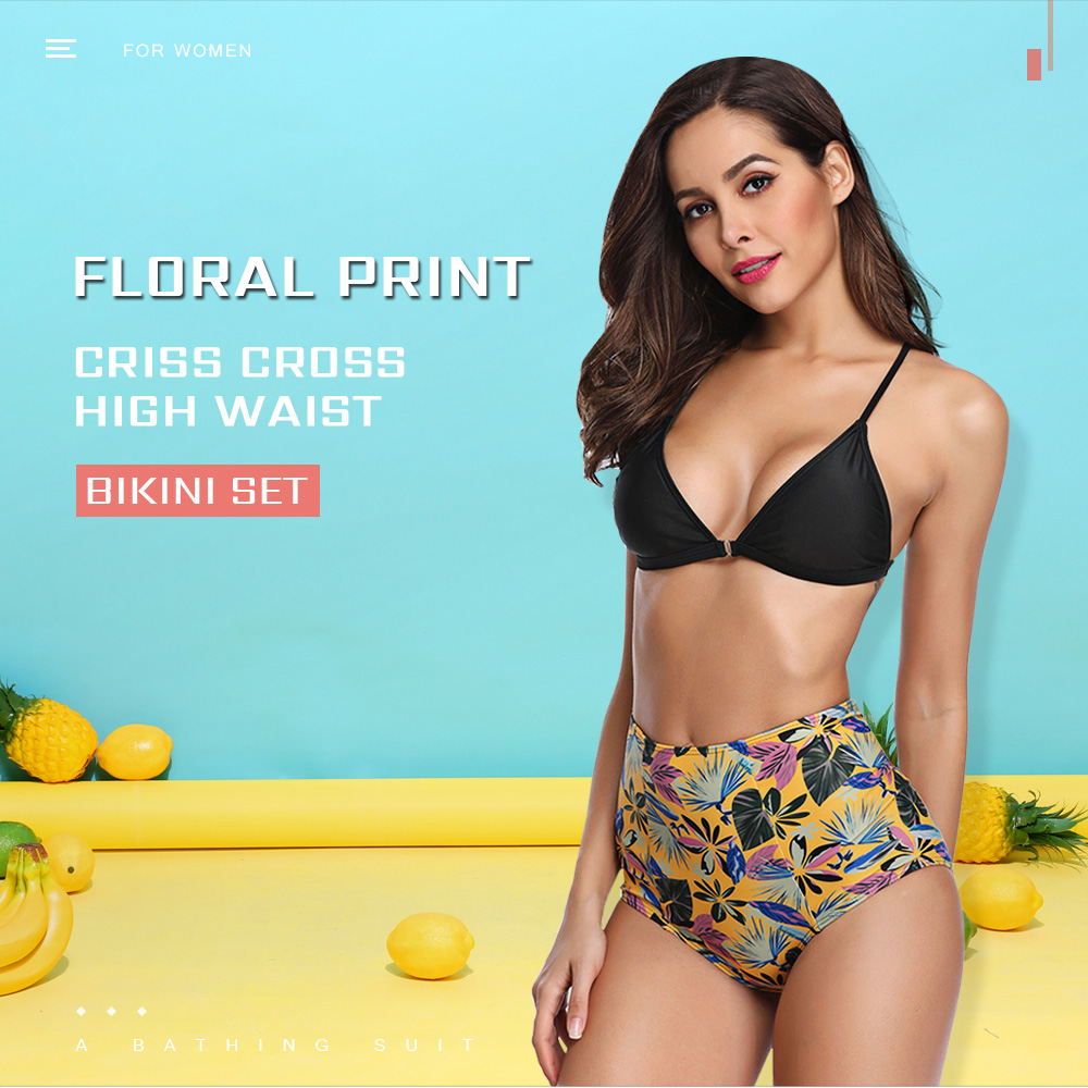 Floral Print High Waist Criss Cross Bikini Set