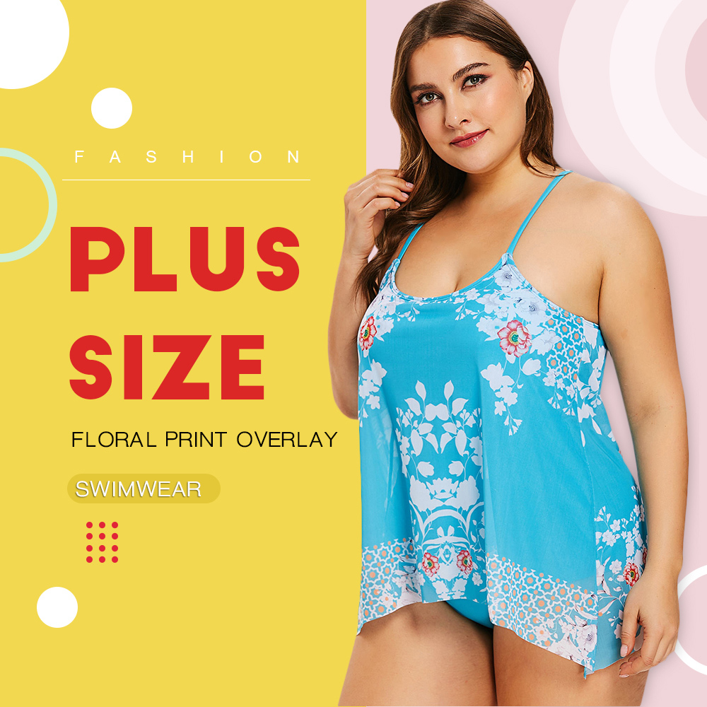 Plus Size Floral Print Overlay Swimwear