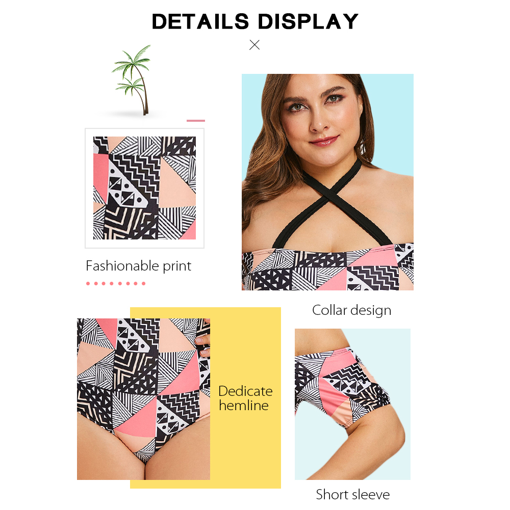 Plus Size Cross Halter Geometric Swimsuit