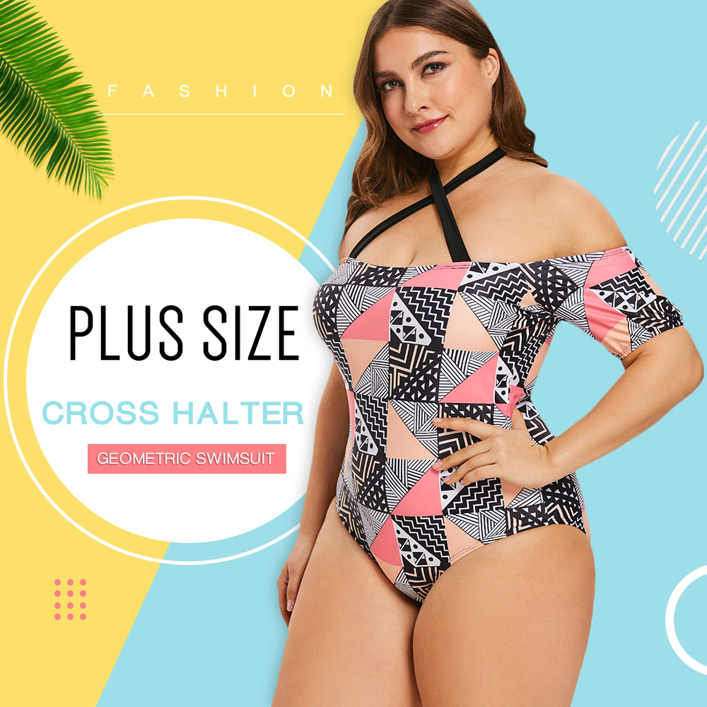 Plus Size Cross Halter Geometric Swimsuit