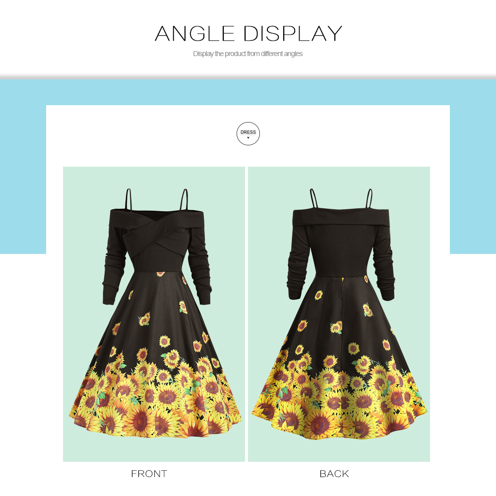 Cross Sunflower Print A Line Vintage Dress