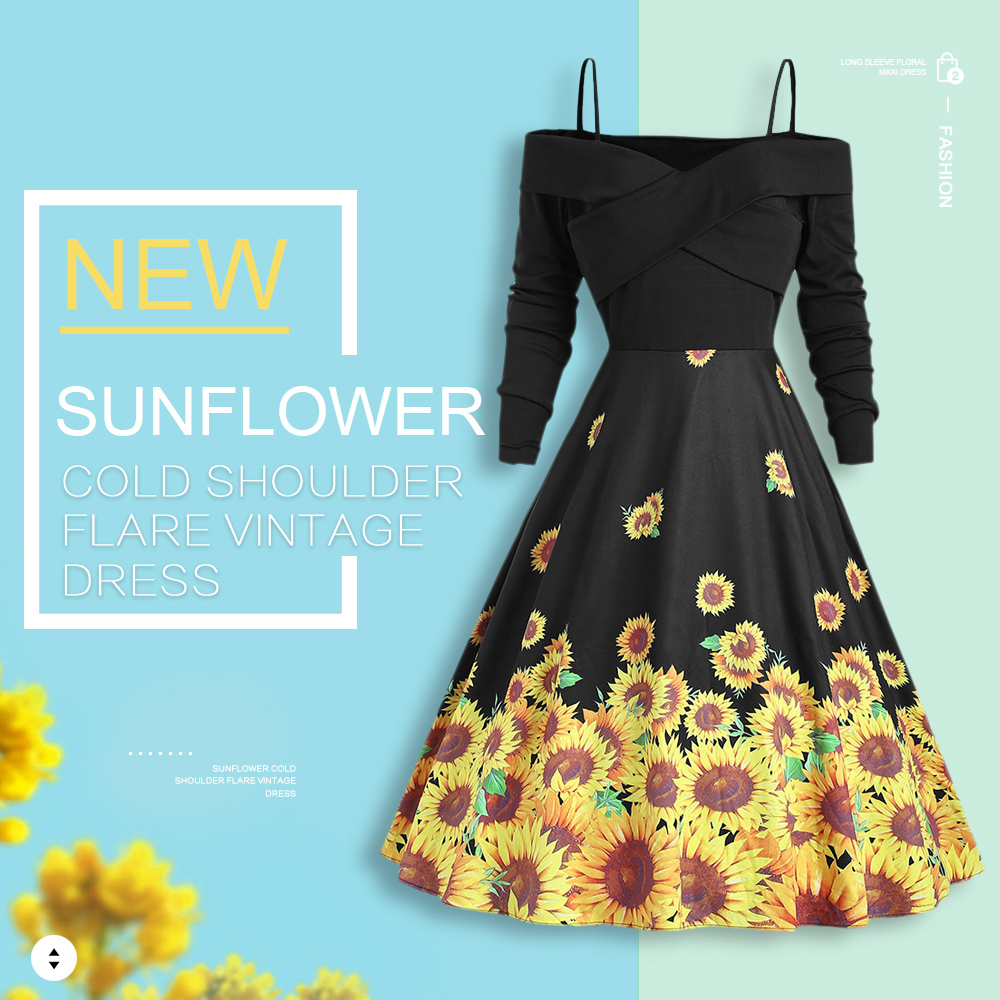 Cross Sunflower Print A Line Vintage Dress