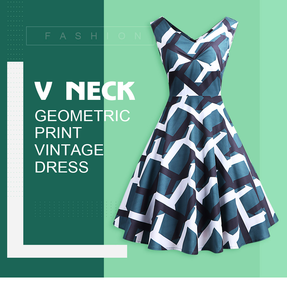V Neck Backless Sleeveless Geometric Print Color Blocking A-line Women Vintage Dress