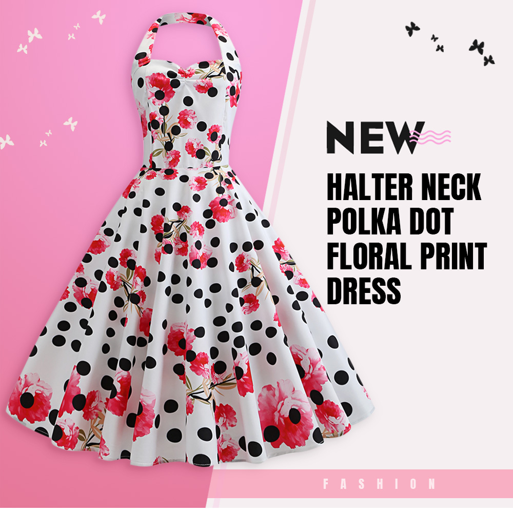 Halter Neck Backless Polka Dot Floral Print A-line Women Vintage Dress