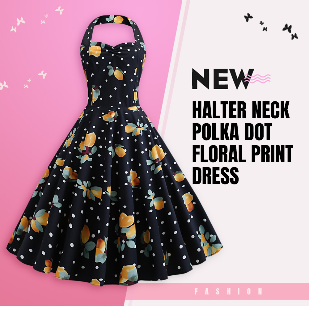 Halter Neck Backless Polka Dot Print A-line Women Vintage Dress