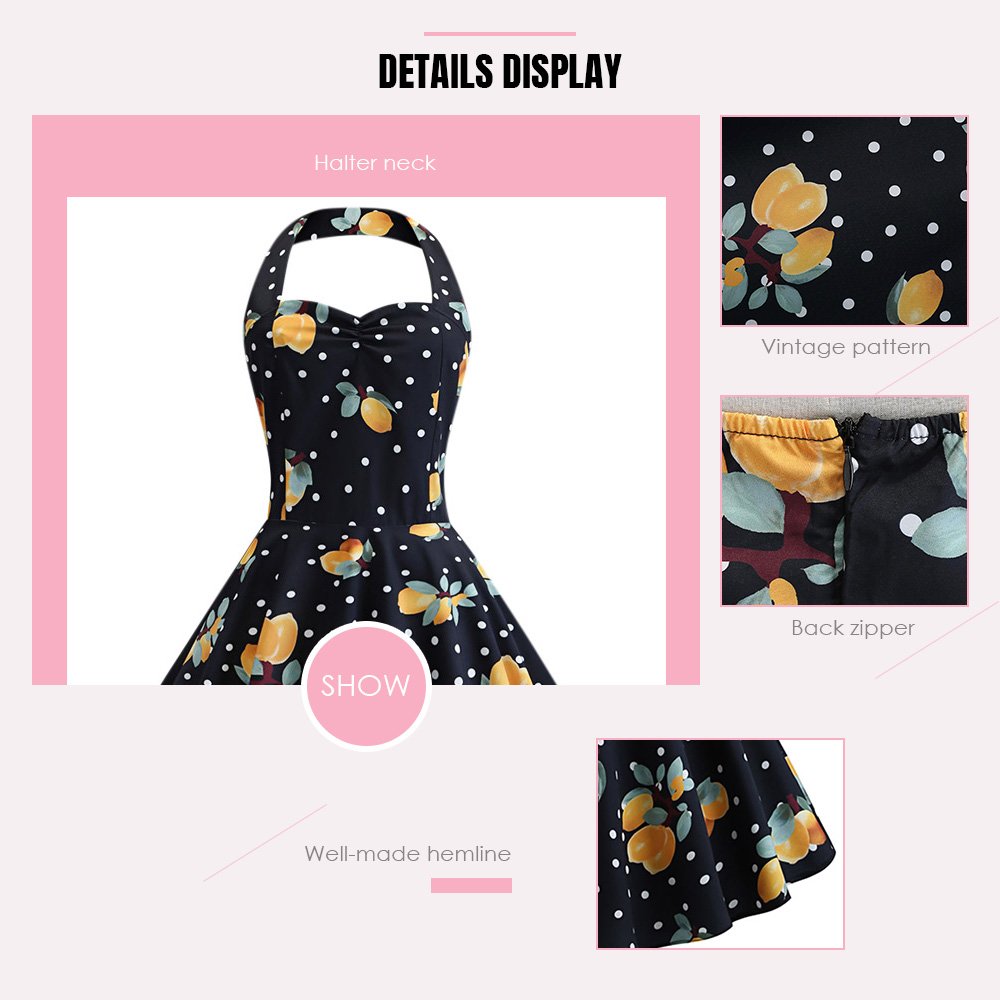Halter Neck Backless Polka Dot Print A-line Women Vintage Dress