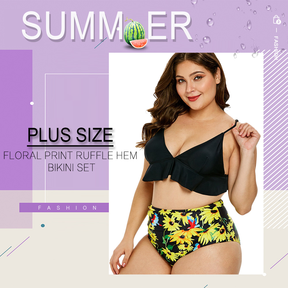 Plus Size Floral Print Ruffle Hem Bikini Set