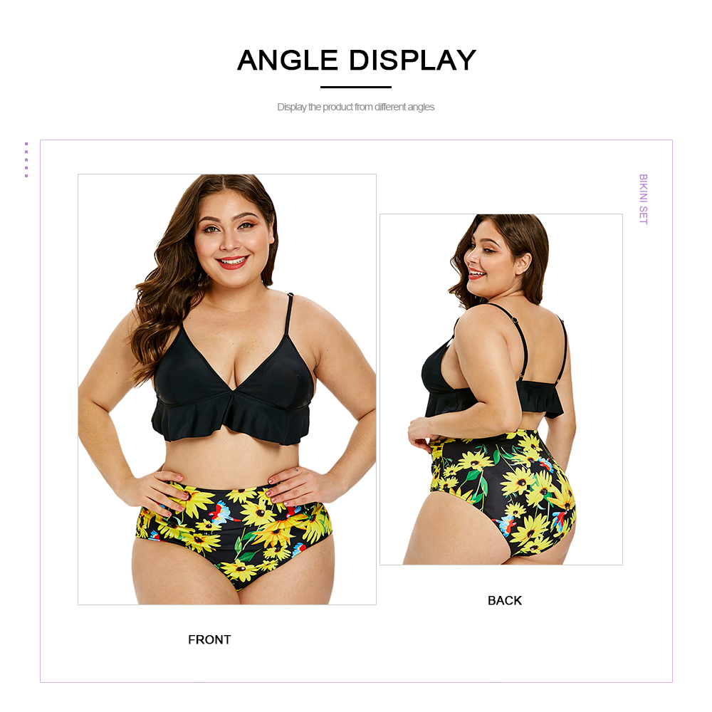 Plus Size Floral Print Ruffle Hem Bikini Set
