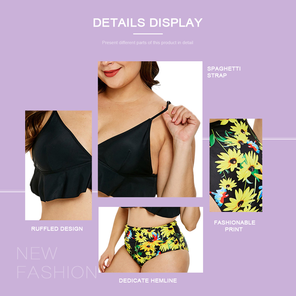 Plus Size Floral Print Ruffle Hem Bikini Set