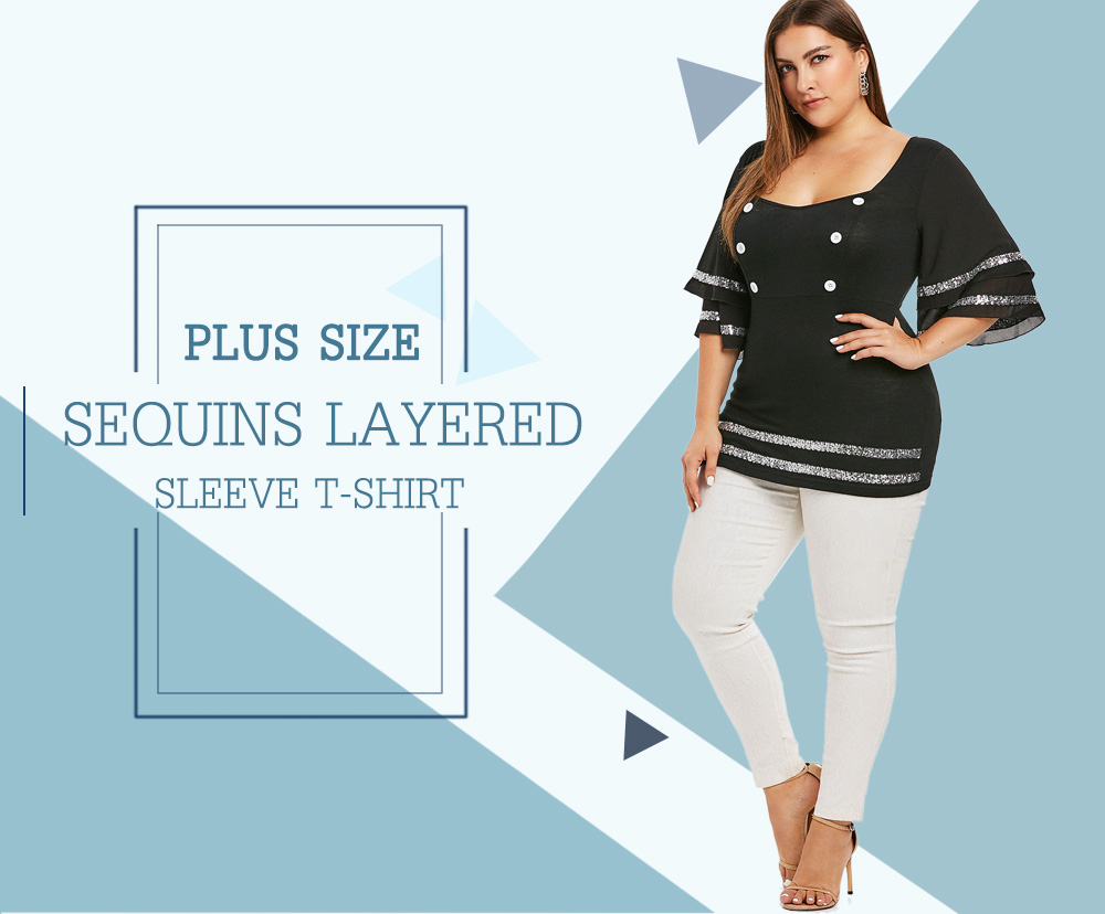 Plus Size Sequins Layered Sleeve T-shirt