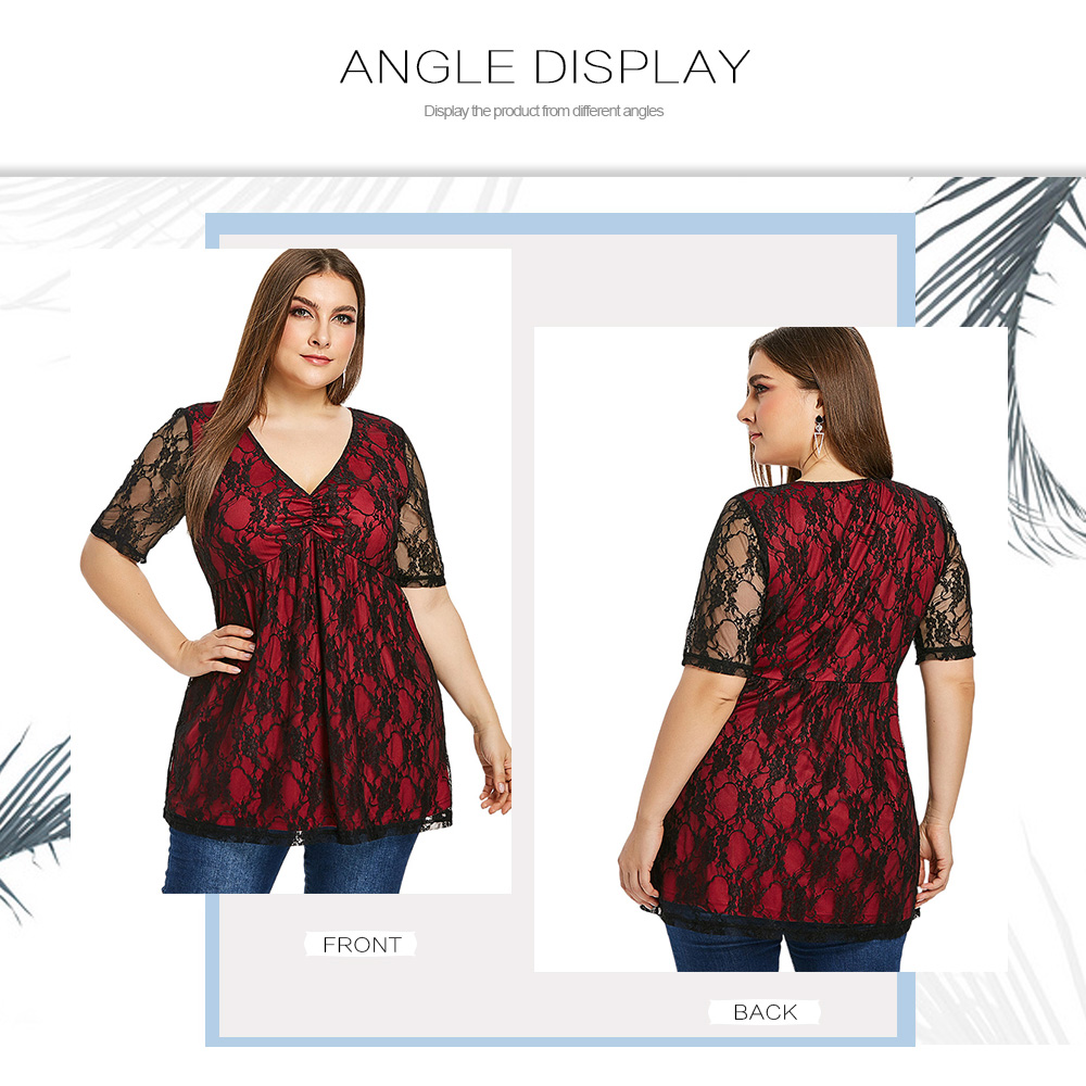 Plus Size Lace Plunging Neck T-shirt