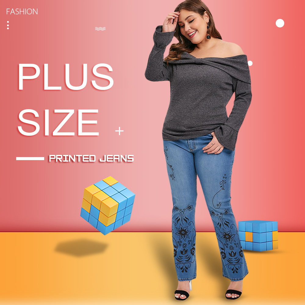 Plus Size Boot Cut Printed Jeans