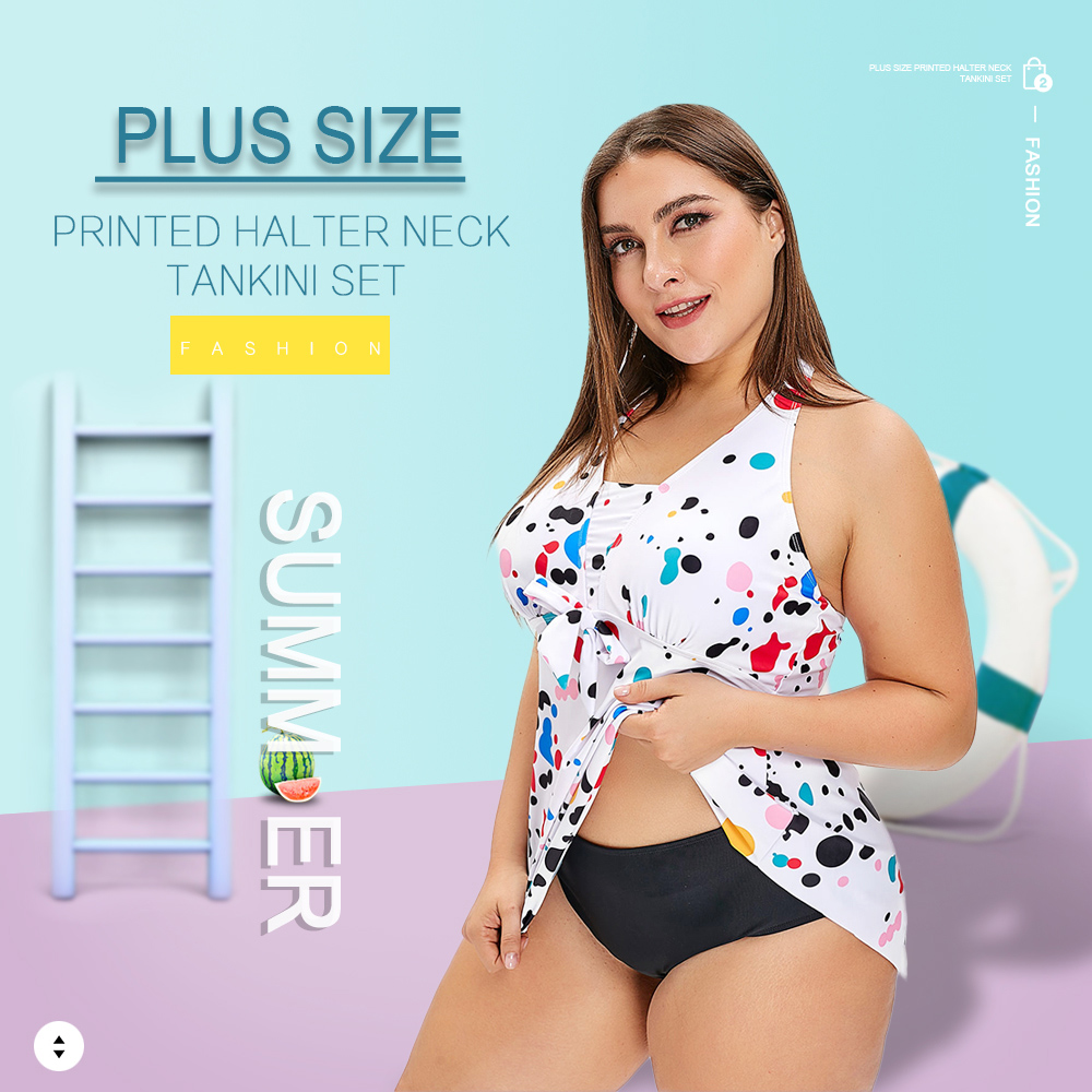 Plus Size Printed Halter Neck Tankini Set