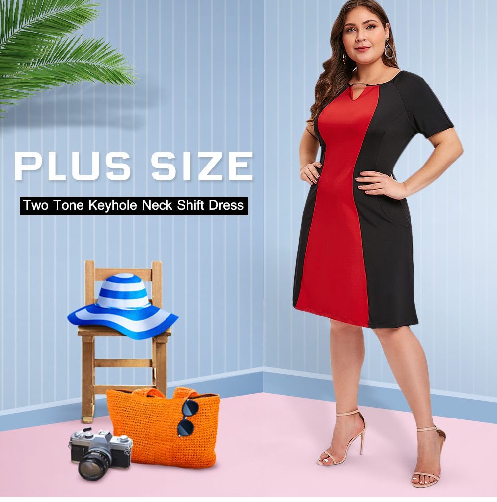 Plus Size Two Tone Keyhole Neck Shift Dress