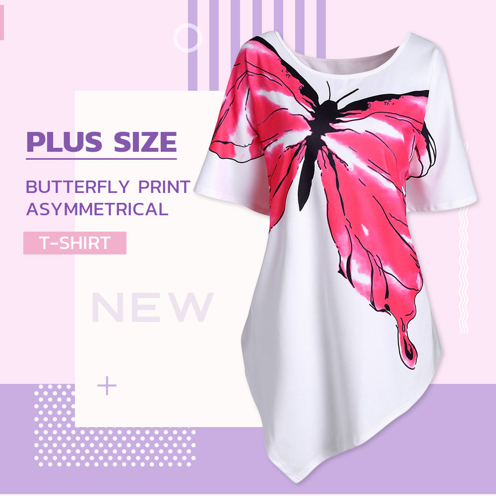 Plus Size Butterfly Print Asymmetrical T Shirt
