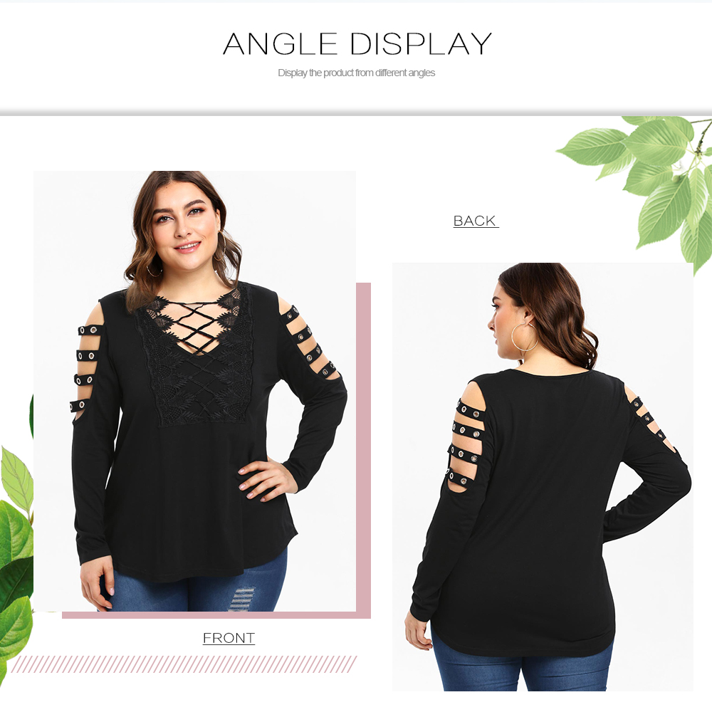 Plus Size Lace Splicing Criss Cross Cut Out Sleeves Tee