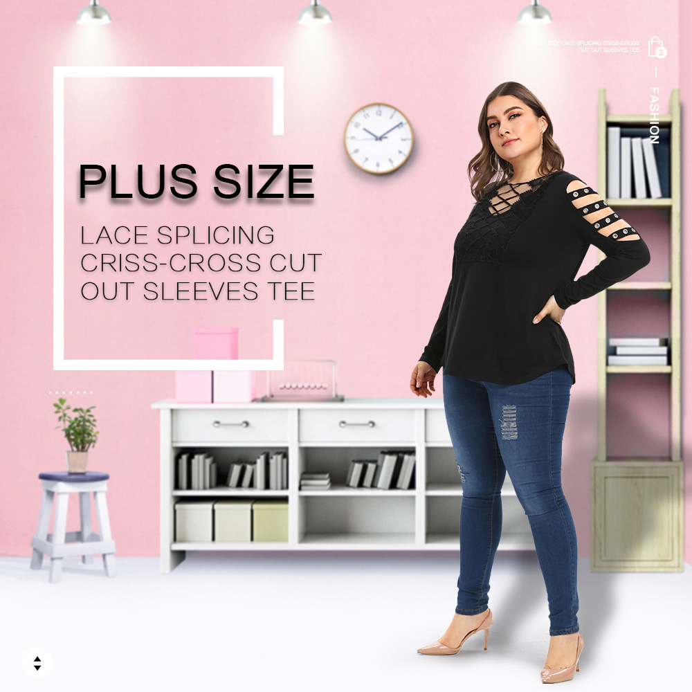 Plus Size Lace Splicing Criss Cross Cut Out Sleeves Tee