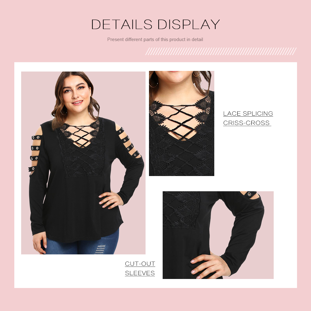 Plus Size Lace Splicing Criss Cross Cut Out Sleeves Tee